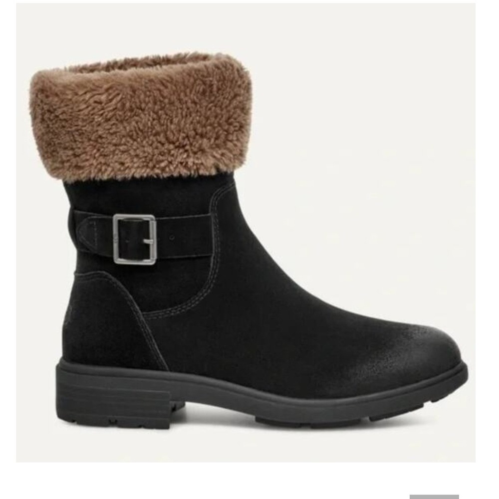 UGG Harrison Cuff Black Suede Tan Plush Ankle Boots 1120773 Womens 7